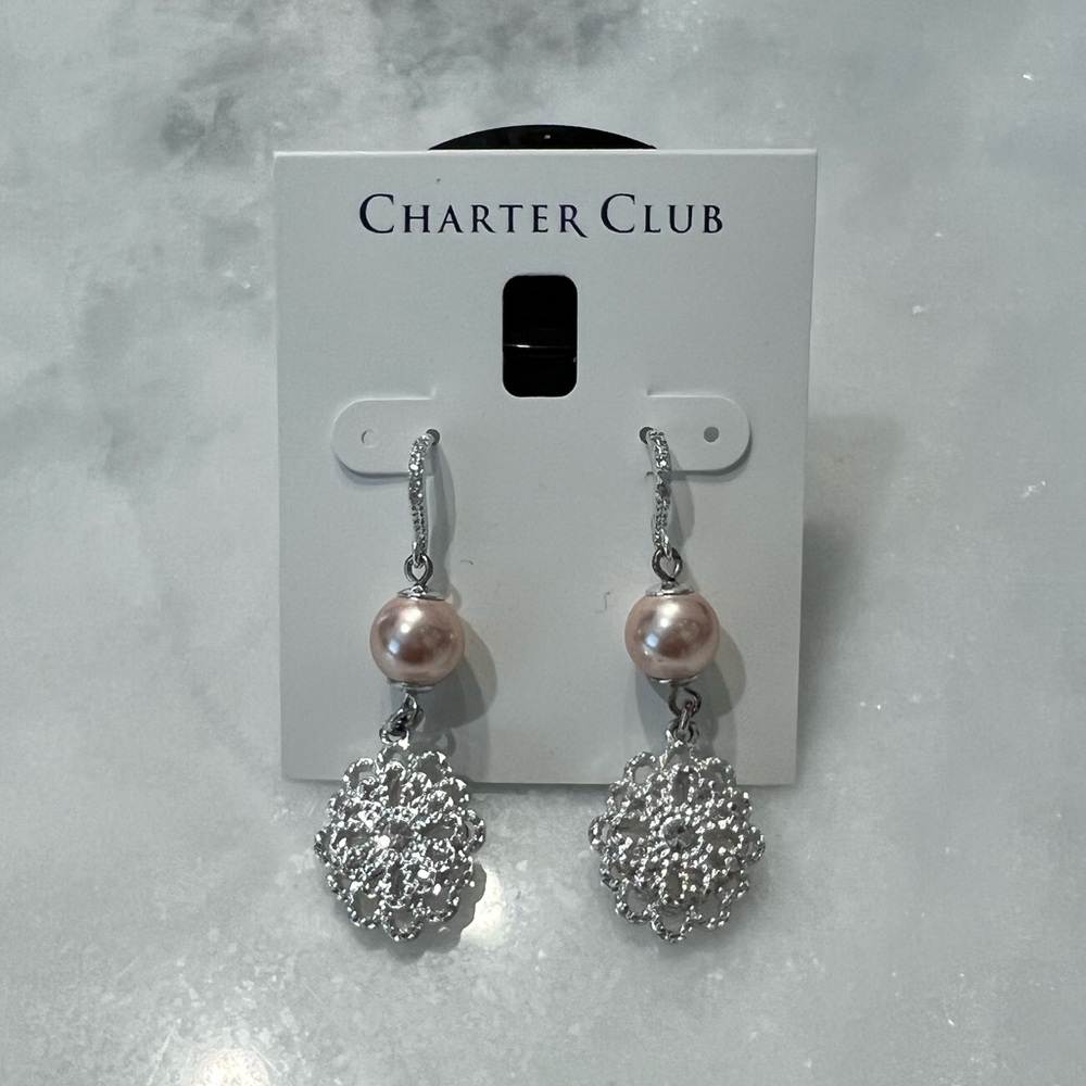 Charter Club Crystal Filigree & Imitation Pink Pearl Drop Earrings - Picture 2 of 4